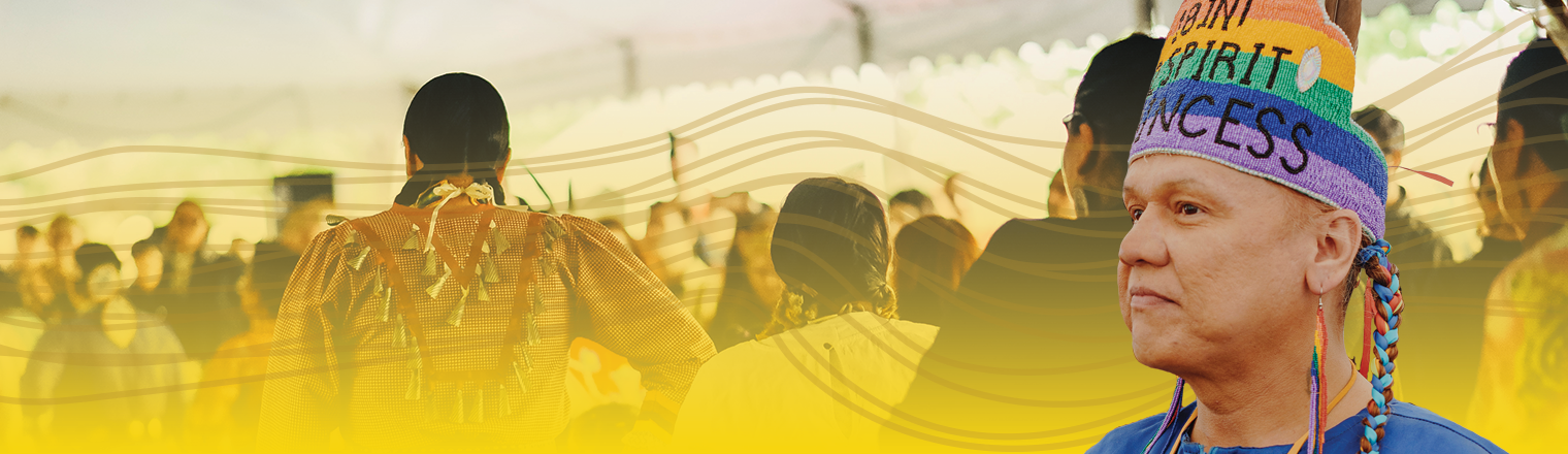 Two-Spirit person at the Pride Festival. Yellow gradient and spectrum are applied behind them