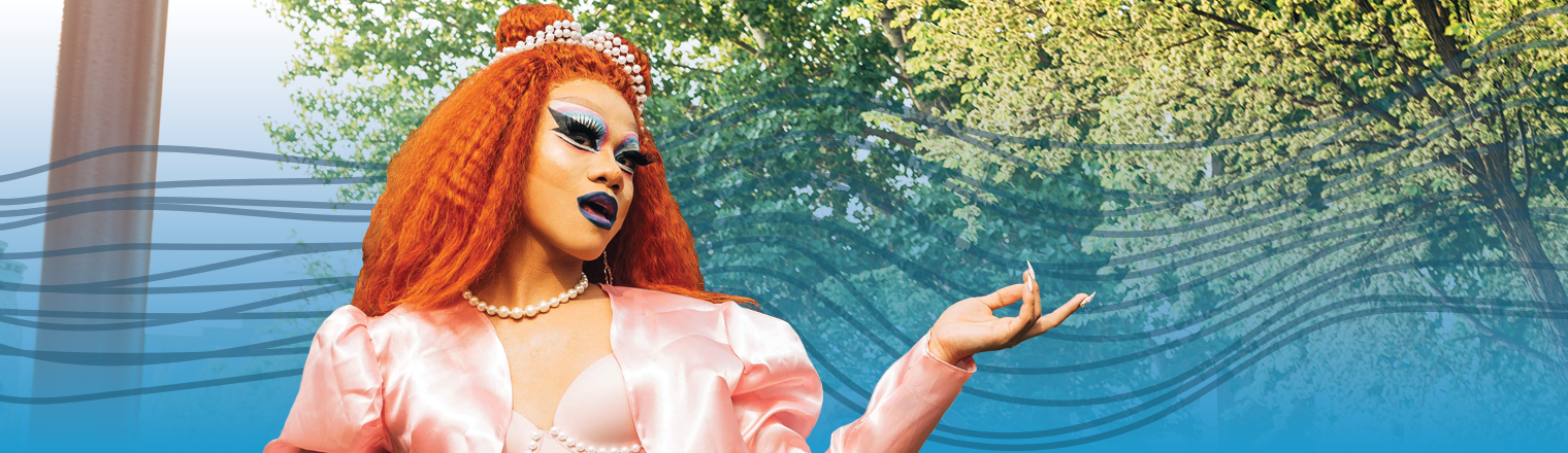 Drag queen at the Pride Festival. Blue gradient and spectrum are applied behind them