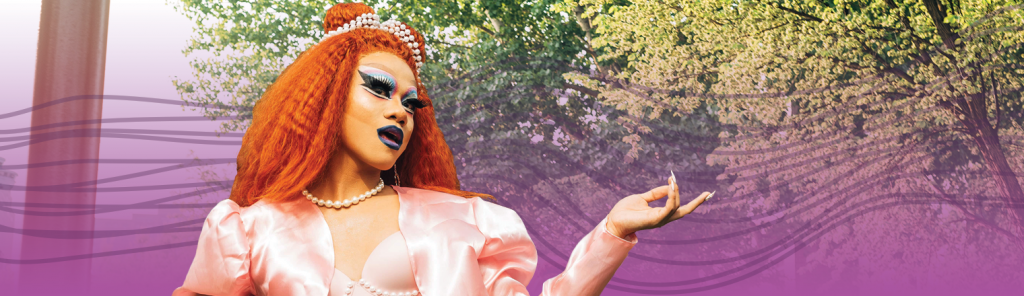 Drag queen at the Pride Festival. Purple gradient and spectrum are applied behind them