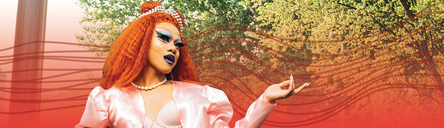 Drag queen at the Pride Festival. Red gradient and spectrum are applied behind them