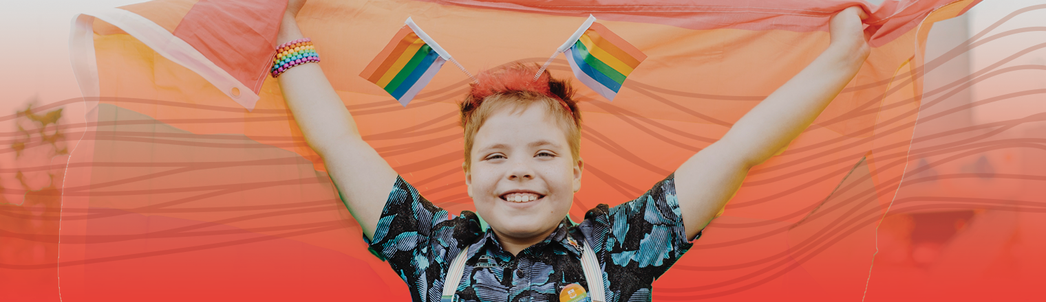 Person at the Pride Festival. Red gradient and spectrum are applied behind them