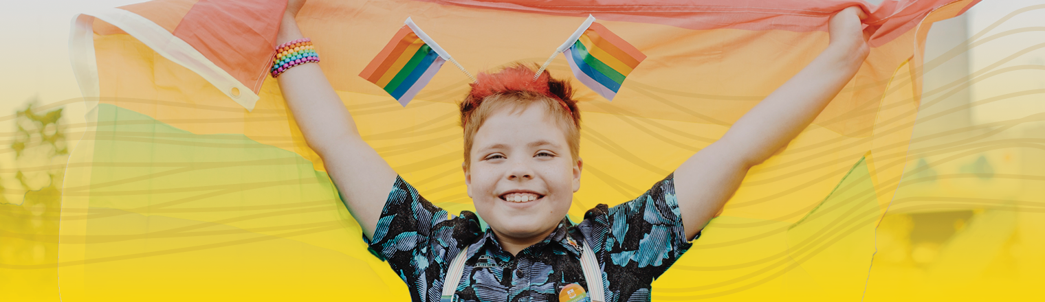 Person at the Pride Festival. Yellow gradient and spectrum are applied behind them
