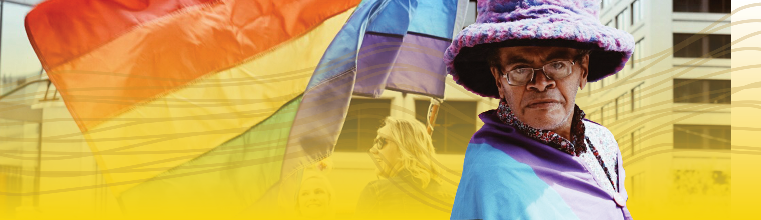 Person at the Pride Parade. Yellow gradient and spectrum are applied behind them