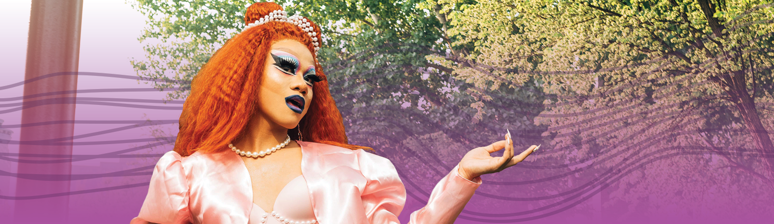Drag queen at the Pride Festival. Purple gradient and spectrum are applied behind them