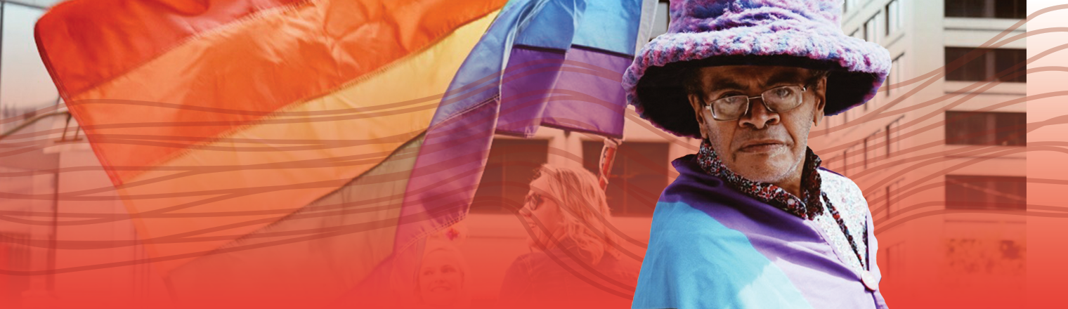 Person at the Pride Festival. Red gradient and spectrum are applied behind them