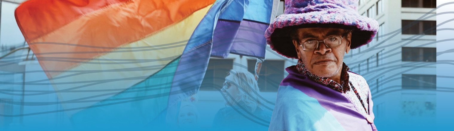 Person at the Pride Festival. Blue gradient and spectrum are applied behind them
