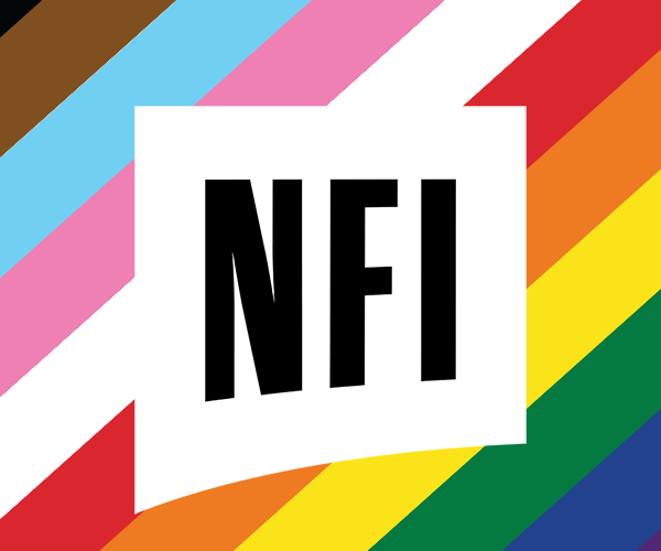 nfi group ad including a progress flag rainbow on the background